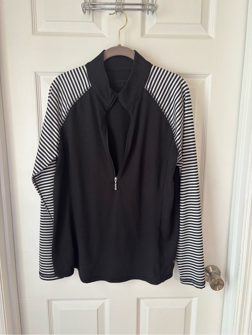 Jofit Black Half-Zip Pullover with Black & White Striped Sleeve